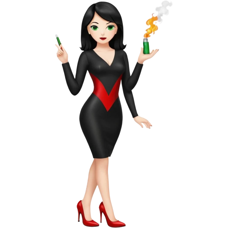 🕵🏻‍♀️💦🧥 black hair , green eyes , full body , red high heels , black latex dress , 🖕🏻🚬 emoji