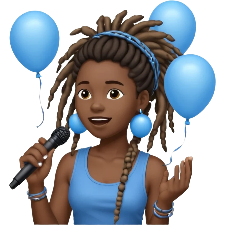 Black girl Stud with dreadlocks singing 1,2,3 release em with white and blue balloons flying overhead emoji like with mic in hand  emoji