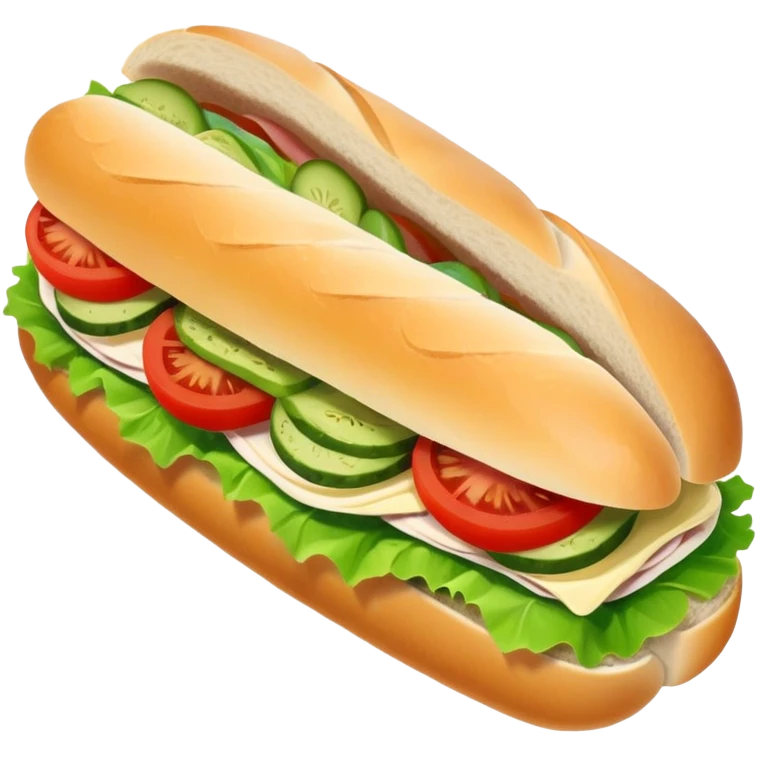 sandwich with turkey, lettuce, pickles, mayonnaise, and tomatoes on a baguette emoji