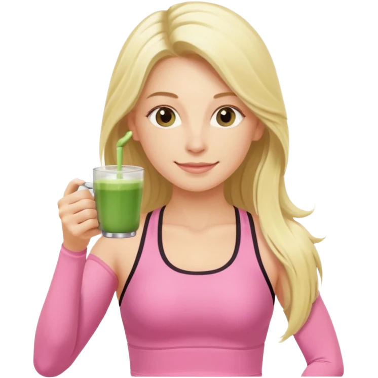long haired blonde pilates instructor in pink drinking matcha in cute set emoji