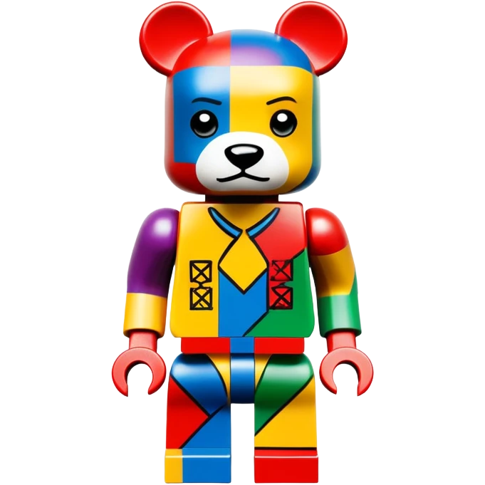 Lego style hustler bearbrick toy figure with X symbols for eyes, blocky Lego aesthetic, graffiti prints emoji