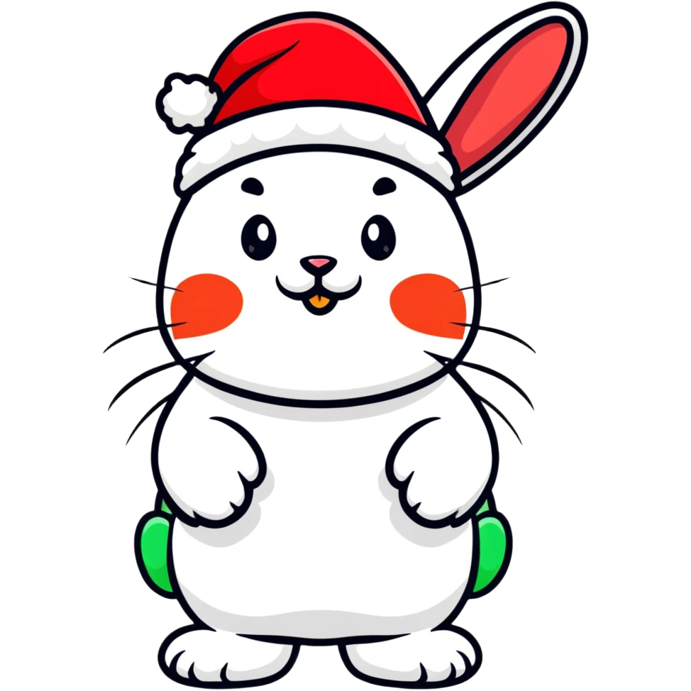 fluffy white angora rabbit wearing red and green Christmas hat being held emoji