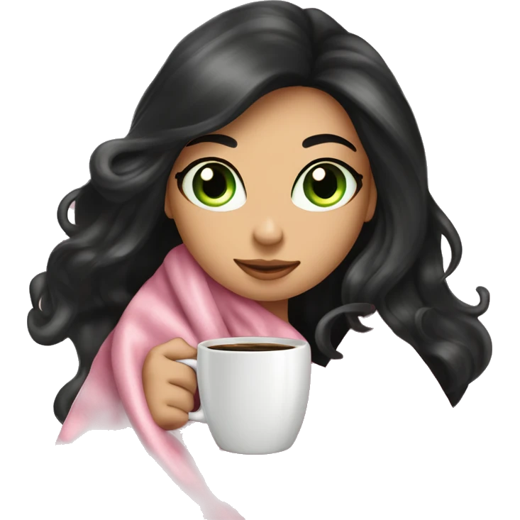 Pretty woman very long black hair green eyes curled up in a pink blanket with a coffee mug  emoji