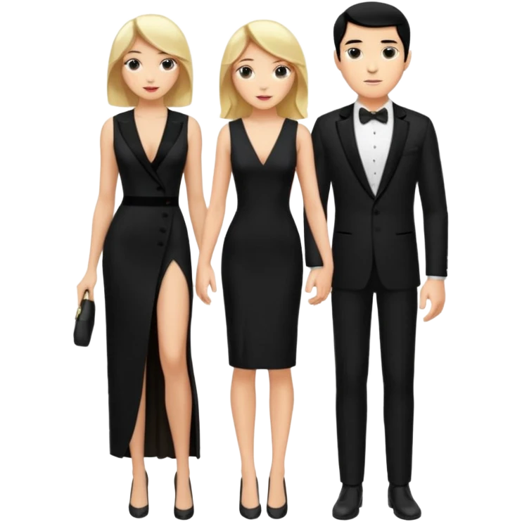 Blonde woman, black, Long, tight, sleveless Dress, Slot left Leg, man, black Hair, in Dinner jacket emoji