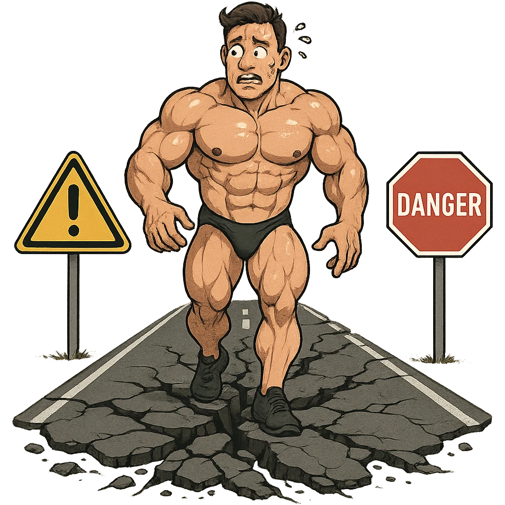 bodybuilder walking on a road that is breaking under his feet, risk and danger symbols on the sides, scared expression, isolated on white background emoji
