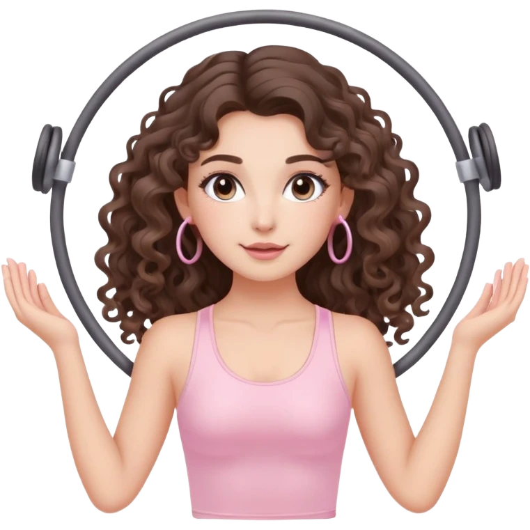 cute balayage brunette long hair curly/wavy haired girl, hoop earrings, clean girl makeup DOING pilates EXERCISE with a cute pastel pink set emoji