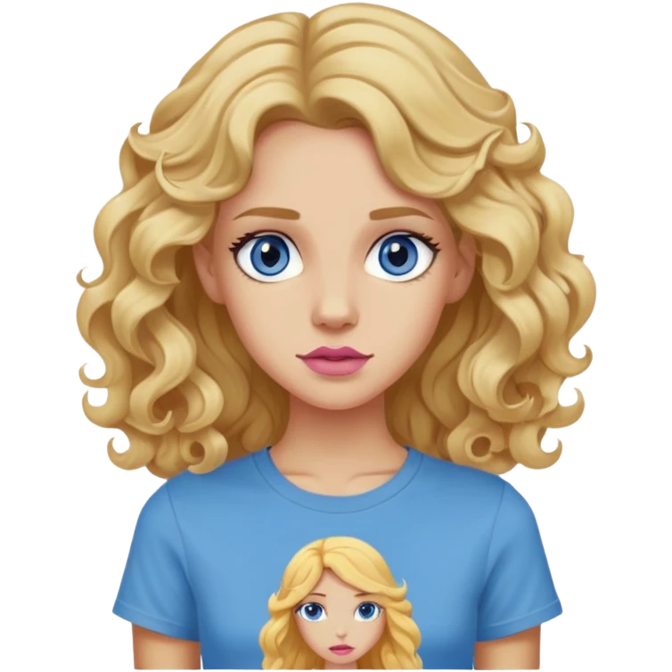 a skinny woman, long princess curls golden blonde hair, blue-gray eyes, pinkish lips, tan skin, wearing a camp half-blood t-shirt,  emoji