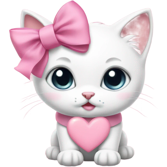 white kitten wearing pink collar with heart shaped bow and a pink ribbon bow on her head emoji