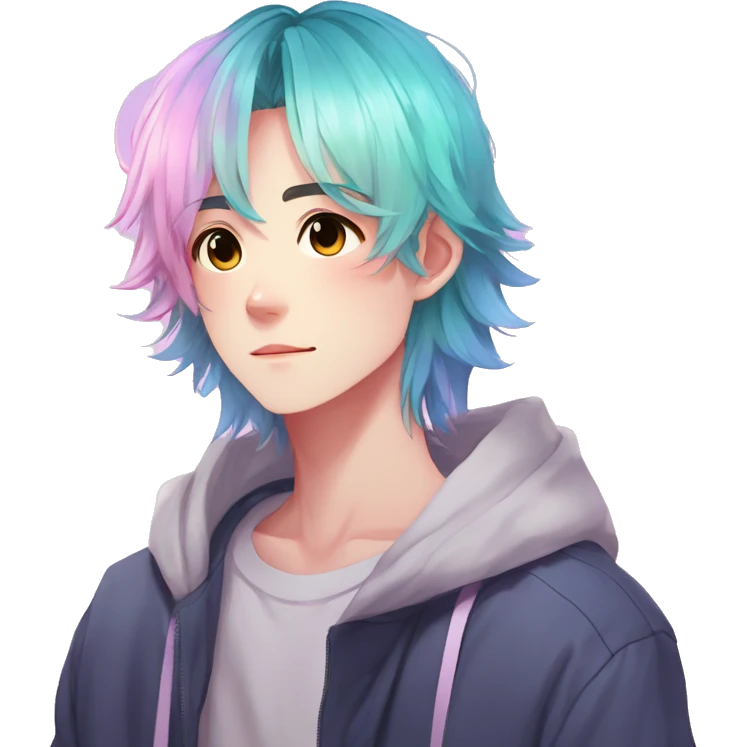 Gorgeous anime style boy with blushing face aesthetic and pretty colorful shiny gradient pastel hair trending style emoji