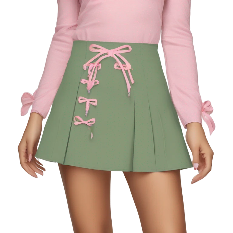 Sage green a-line mini skirt with pink lace up on the sides and bows and embroidery, isolated emoji