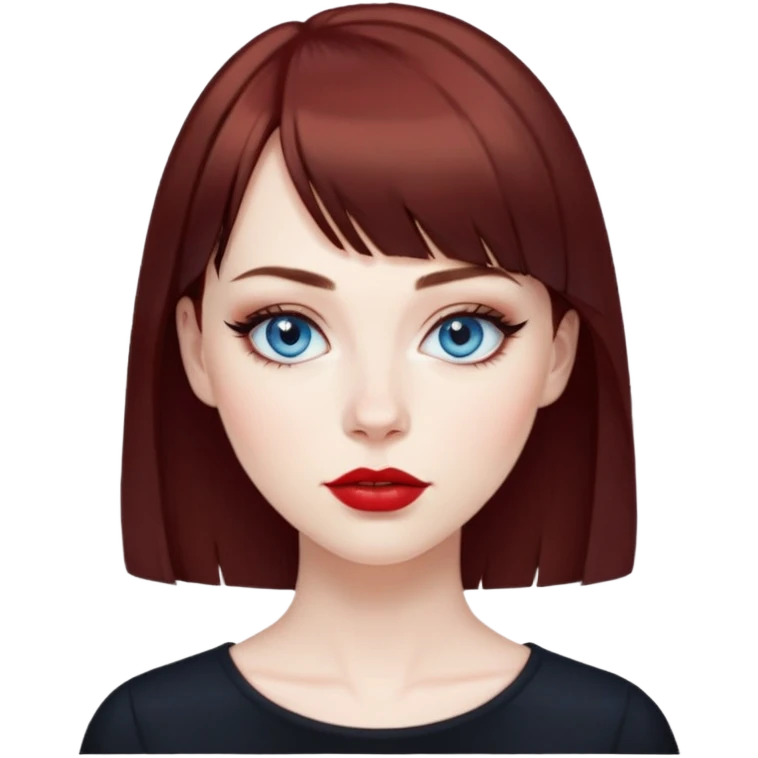 Woman in her early 50s with pale skin, wider face, blue eyes with eyeliner, thin eyebrows, red lipstick, dark auburn hair with bangs, wearing a black top emoji