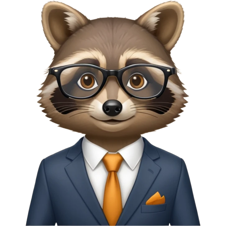 Pixar-style raccoon with glasses and an expensive business suit emoji