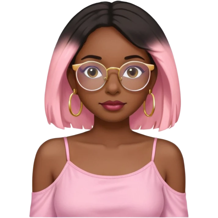 Dark Black girl with shoulder length bob with layers. She wears clear glasses and has on small gold hoop earrings and lipgloss. Shes also wearing a light pink spaghetti strap shirt emoji