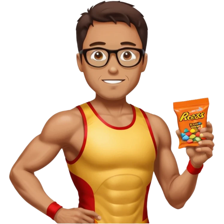 Ironman athletic built wearing a singlet, tan, sutro glasses, half tights, gels for running and loves recess pieces and watching tv but also a social worker emoji