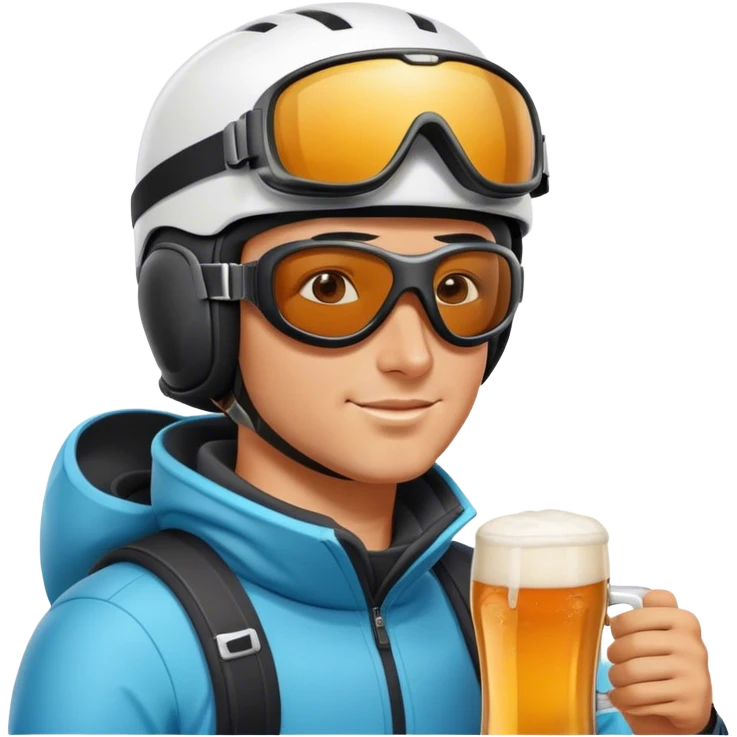 After-ski, a skier, wearing modern skiing goggles on his ski helmet, drinking beer emoji