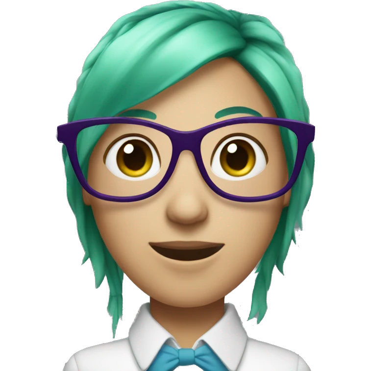 Nerd emoji, female, with green ponytail and purple glasses and blue eyes emoji