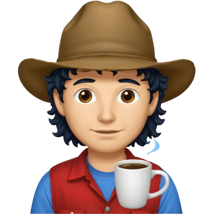 Ranch hand with blue hat and coffee mug, curly black hair, red shirt emoji