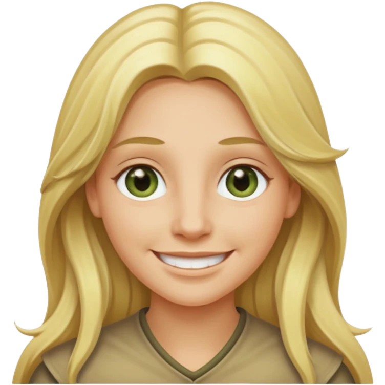 blonde with long hair and swamp-colored eyes, smiling, iOS Apple emoji style emoji