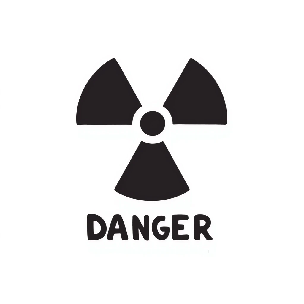 Hand-drawn radiation warning trefoil symbol with hazard text emoji