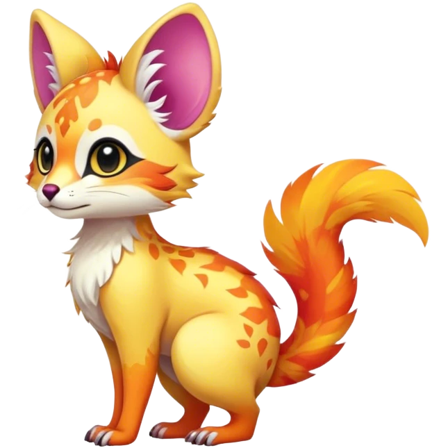Feral Rare Fantasy vibrant colorful tropical cute, kawaii, cool, ed Vernid-Trico-species by LiLaiRa, random markings, tufted tail, tufted ears, full body, cheek markings emoji