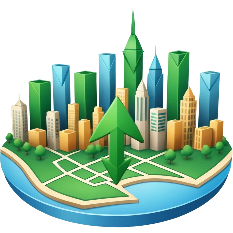 иконка визуализирующая: районы стабильного спроса
иконка карты с городским ландшафтом с зеленой стрелкой вверх (рост) emoji