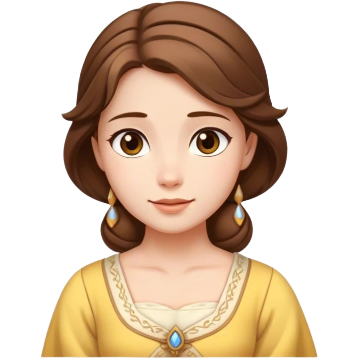 Cinematic Serene Belle Portrait Emoji, rendered in a simplified vector style. Depict a gentle Belle (chest and above) with fair, glowing skin, softly cascading brown hair, and a calm, inviting expression, dressed in her traditional village dress. The image exudes a soft, luminous glow and is outlined with a subtle, warm light. emoji