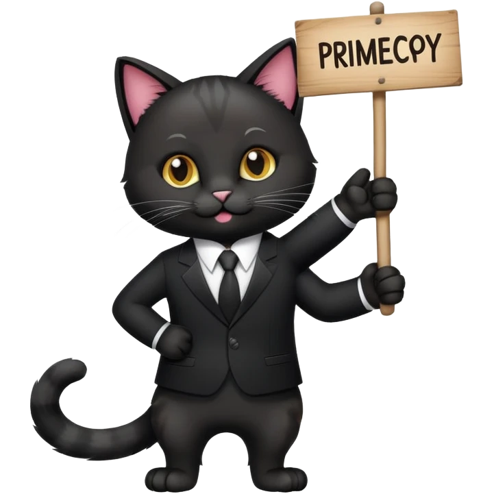 A cat in a black business suit holds a sign with the inscription "PrimeCopy" with one paw and shows a like with the other paw emoji
