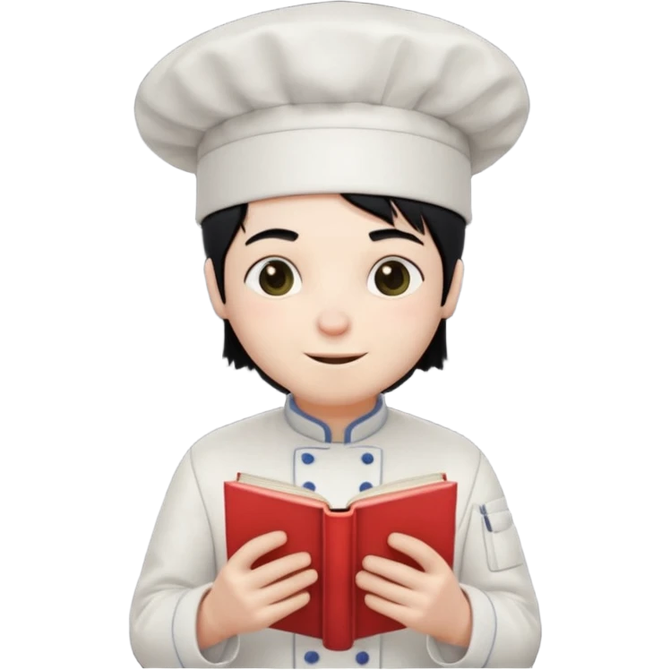 ["A happy man with pale skin, straight hair, wearing a chef hat and no glasses, dressed in goth fashion, is reading a book while holding a camera."] emoji
