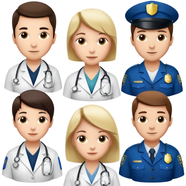 сделай несколько людей разных профессий - руководителя, маркетолога, врача, ремонтника, полицейского и учителя только со светлой кожей emoji