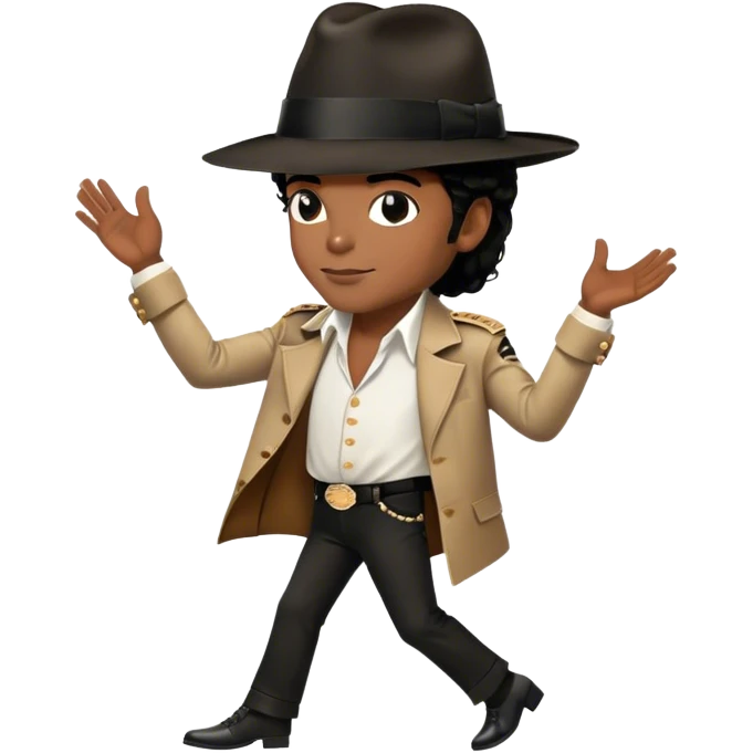 Icon for R&B Music: Michael Jackson in his iconic pose at the end of a song, head tilted, holding his black fedora with one hand. He stands in profile, embodying the smooth and soulful energy of R&B. Musical notes surround him. Transparent background. emoji