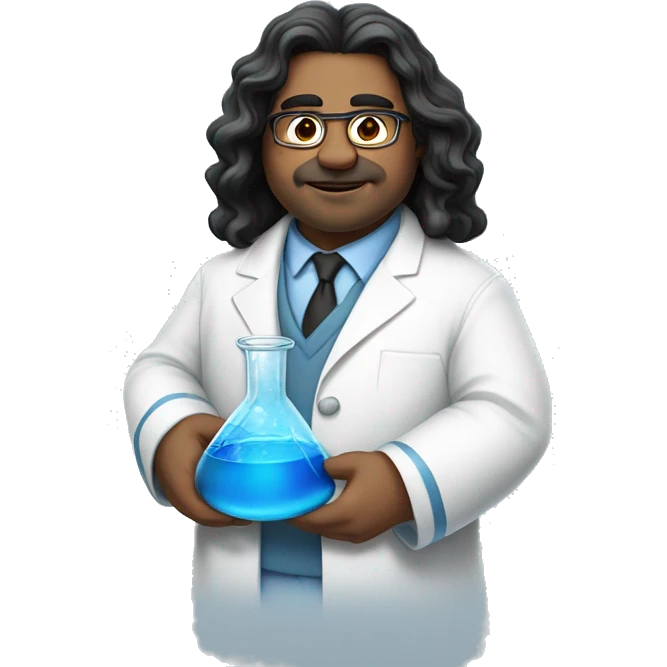 a fat chemist in a white coat with long wavy black hair holding a beaker with bright blue liquid, he has no glasses emoji