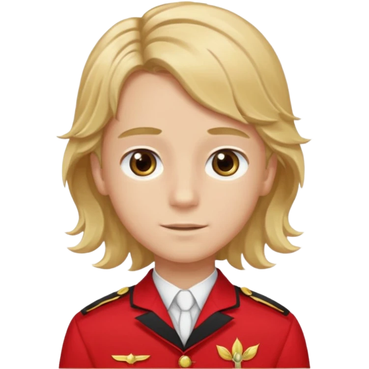 SARI SAÇLI SAÇININ YARISI SOLA DOĞRU DİĞERİNİN SAĞ TARAFTA AMA DÜZ DURAN KAHVERENGİ GÖZLÜ UZUN KİRPİKLİ BUĞDAY RENKLİ KIRMIZI ÜNİFORMALI BİR ERKEK ÇOCUK emoji