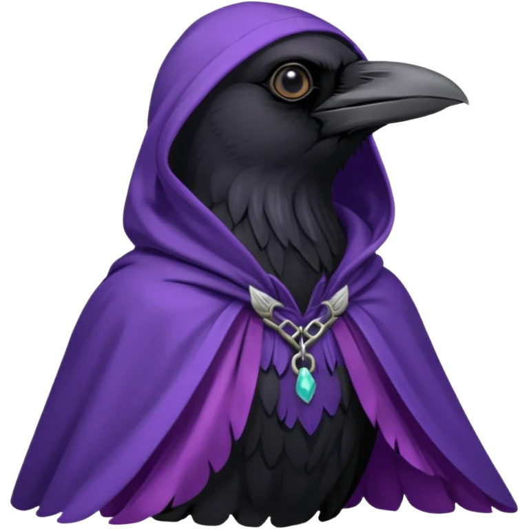 black realistic raven wearing a purple hooded cloak emoji