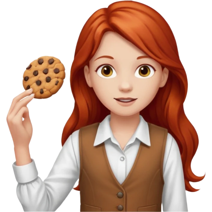 white girl scout with red long hair selling cookies with a brown vest and white shirt under vest. She should be around 10 years old emoji
