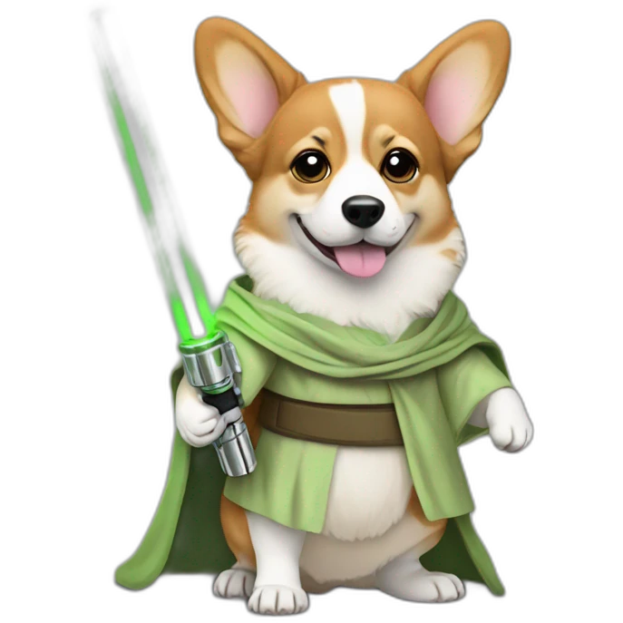Corgi dress as yoda with one light saber green emoji