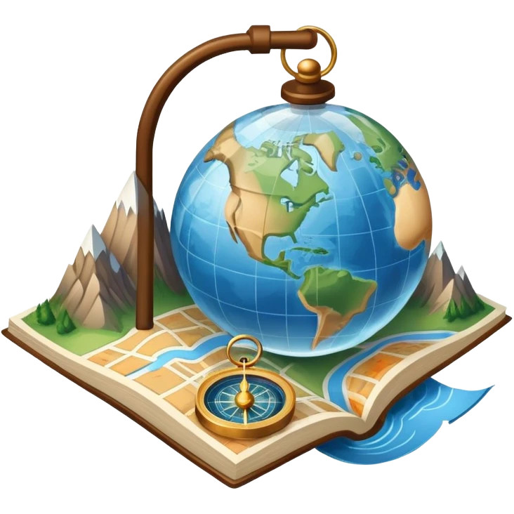 An icon featuring a globe, a compass, and a map, symbolizing geography. The design includes mountain ranges, rivers, and continents, representing the study of Earth’s landscapes and environments. Transparent background highlights the exploration and understanding of the world’s geography. emoji