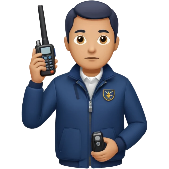 Security, Middle-aged, wearing navy blue jacket, serious facial expression, holding walkie-talkie, full body emoji