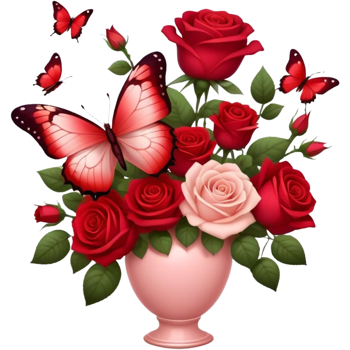 Ethereal butterfly with Crimson and Burgundy wings resting on a Scarlet bouquet of Roses in a Soft Blush color vase, surrounded by a dreamy red-hued ambiance. emoji
