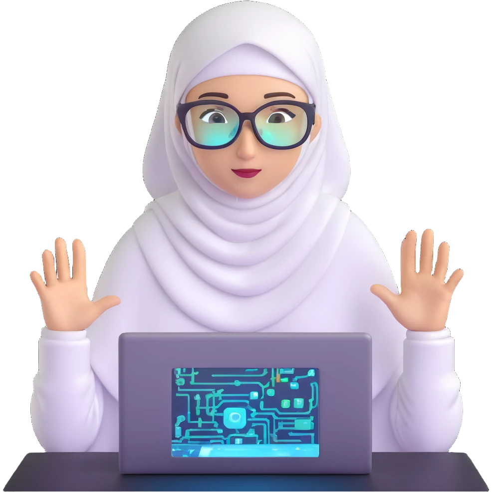 computer engineer with white hijab actively coding and building in the metaverse, hands manipulating holographic code, creating virtual structures, programming digital environments, surrounded by her code creations coming to life, AR glasses on emoji