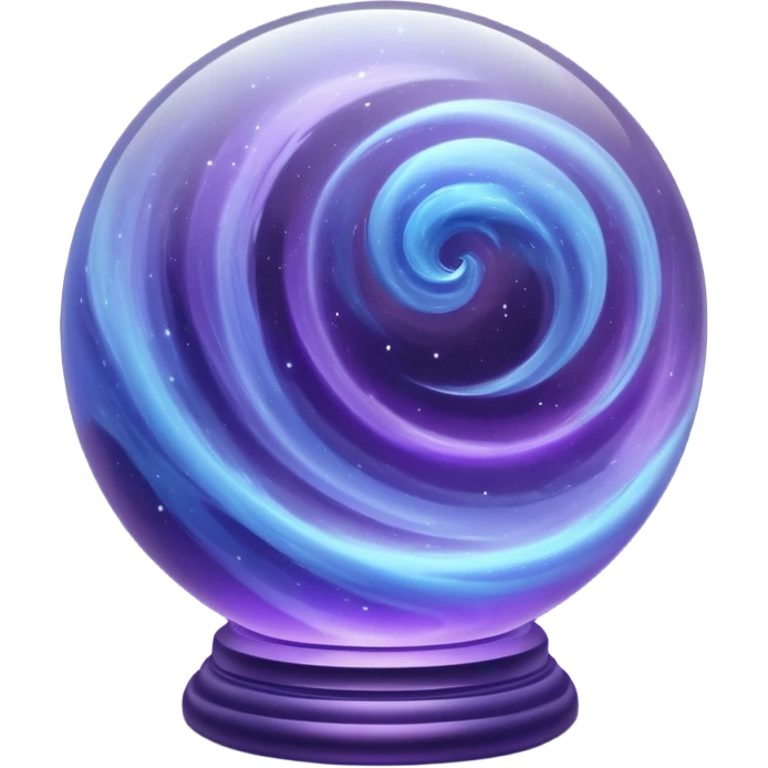 A glass sphere filled with swirling purple and blue dust, glowing softly, 3D. Use muted, calm purples and blues instead of bright neon tones, to create a harmonious and elegant look. emoji