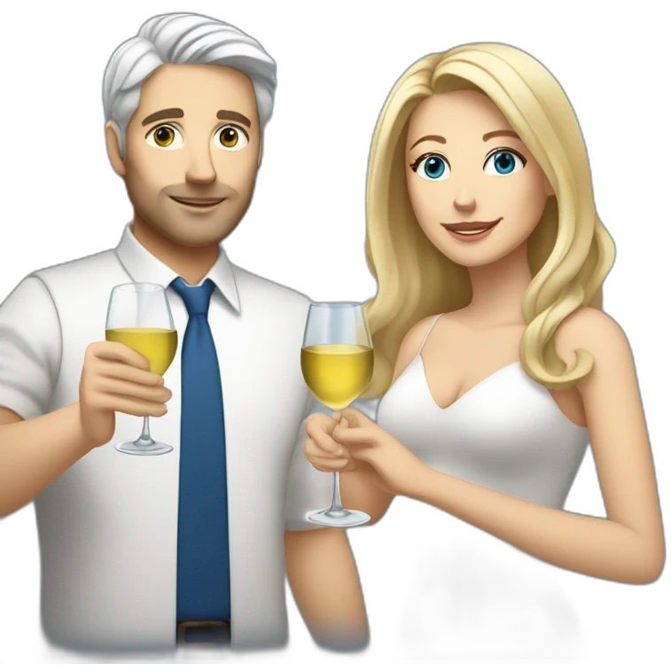 A white woman with brown eyes and blond medium long hair and a white man with blue eyes and grey hair, toasting with a glass of white wine emoji
