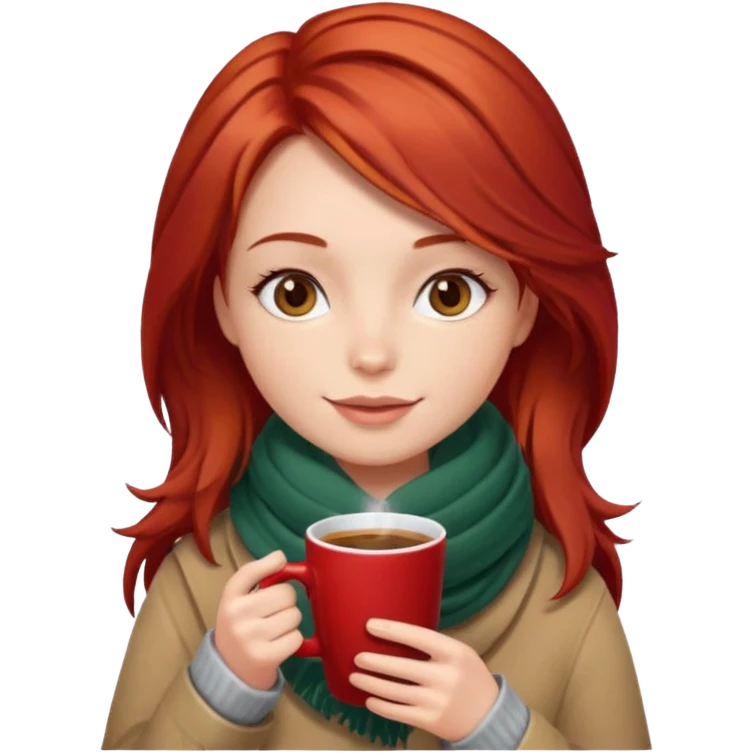 a girl drink with red layer hair, having scarf, drink coffee, enjoy emoji