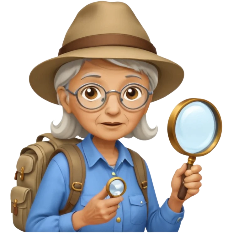 Explorer old woman with hat and magnifying glass and backpack, portrait emoji
