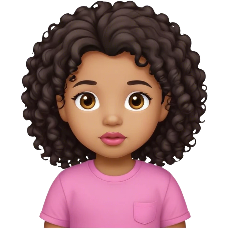 light brown skin tone, very adorable toddler, with big plump lips, long long lashes, black curly long hair, brown eyes, pink shirt emoji