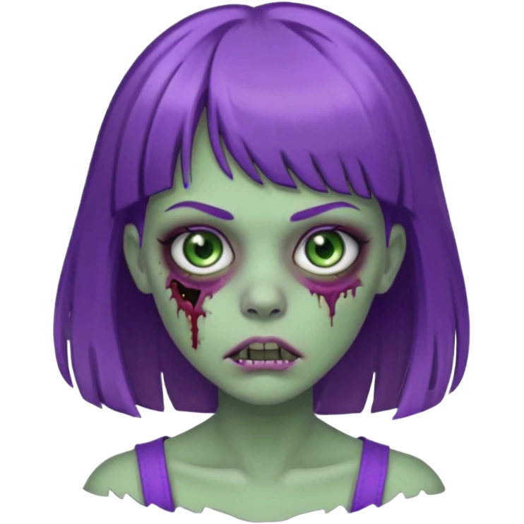 Zombie girl, with bangs above her eyebrows, purple highlights in her dark blonde hair, thin eyebrows. emoji