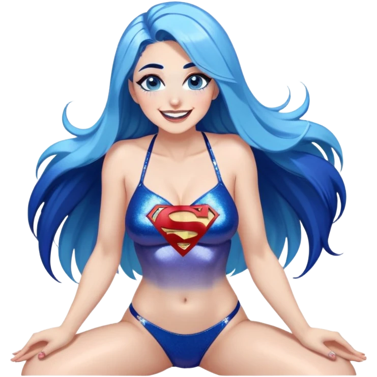Front view-very very very large chest-head back laughing-kneeling-very long straight flowing dark blue to light blue hair ombre-blue eyes-black eyeliner-long eyelashes-iridescent sting bikini top with glitter superman logo-playful emoji