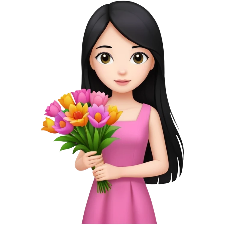 Beautiful girl with long straight black hair, fair skin, wearing pink dress, holding a bouquet of colorful flowers emoji