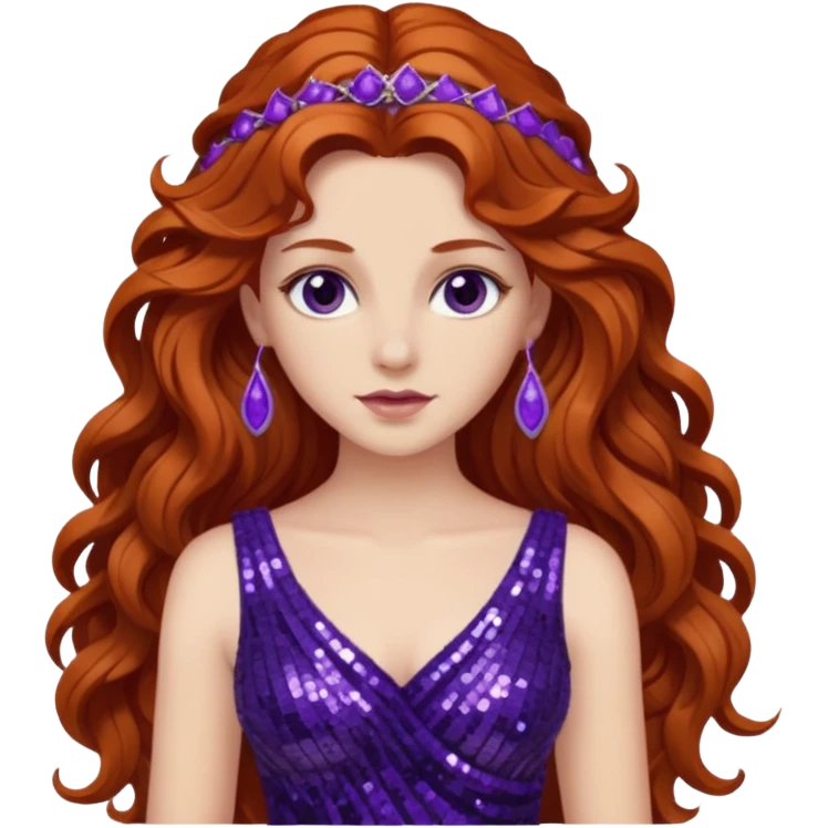 Persephone from Greek Mythology with long auburn wavy hair, dark purple sequin dress emoji