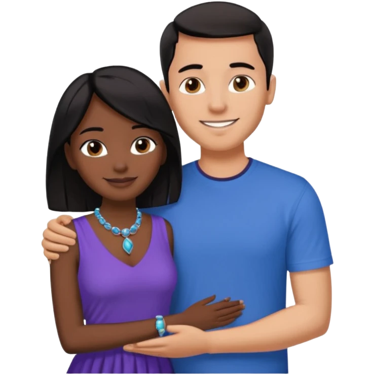 smiling embracing interracial couple. man is tan and has short brown straight hair he is wearing blue. woman has very dark black skin and long dark black hair. she is wearing purple and has matching blue jewelry on emoji