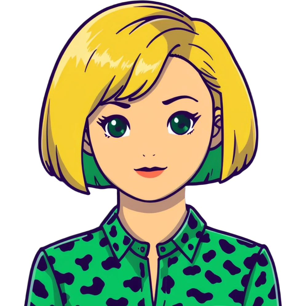 A blonde woman with green eyes and a bob haircut, wearing a green leopard print blouse emoji